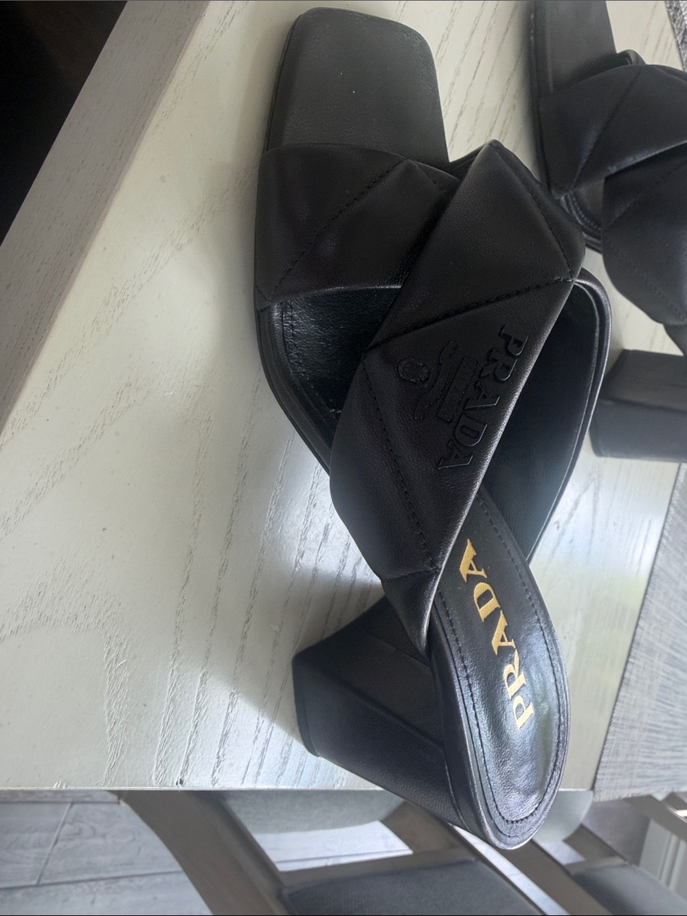Prada Black Leather Braided Crisscross Block Heel Mules - Picture 2 of 3
